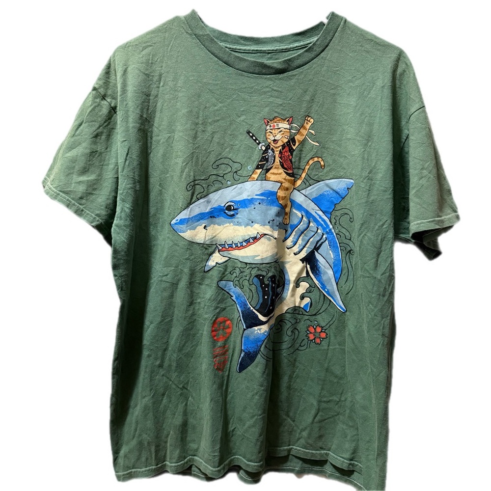 Threadless Samurai Cat Riding A Shark T-Shirt